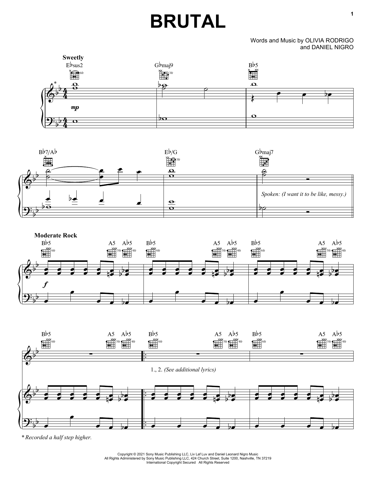 Olivia Rodrigo brutal Sheet Music Notes & Chords for Piano, Vocal & Guitar (Right-Hand Melody) - Download or Print PDF