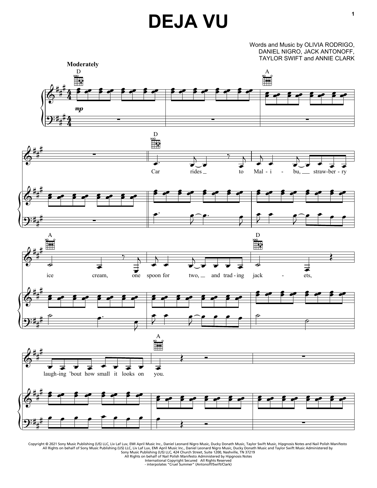 Olivia Rodrigo deja vu Sheet Music Notes & Chords for Piano, Vocal & Guitar (Right-Hand Melody) - Download or Print PDF
