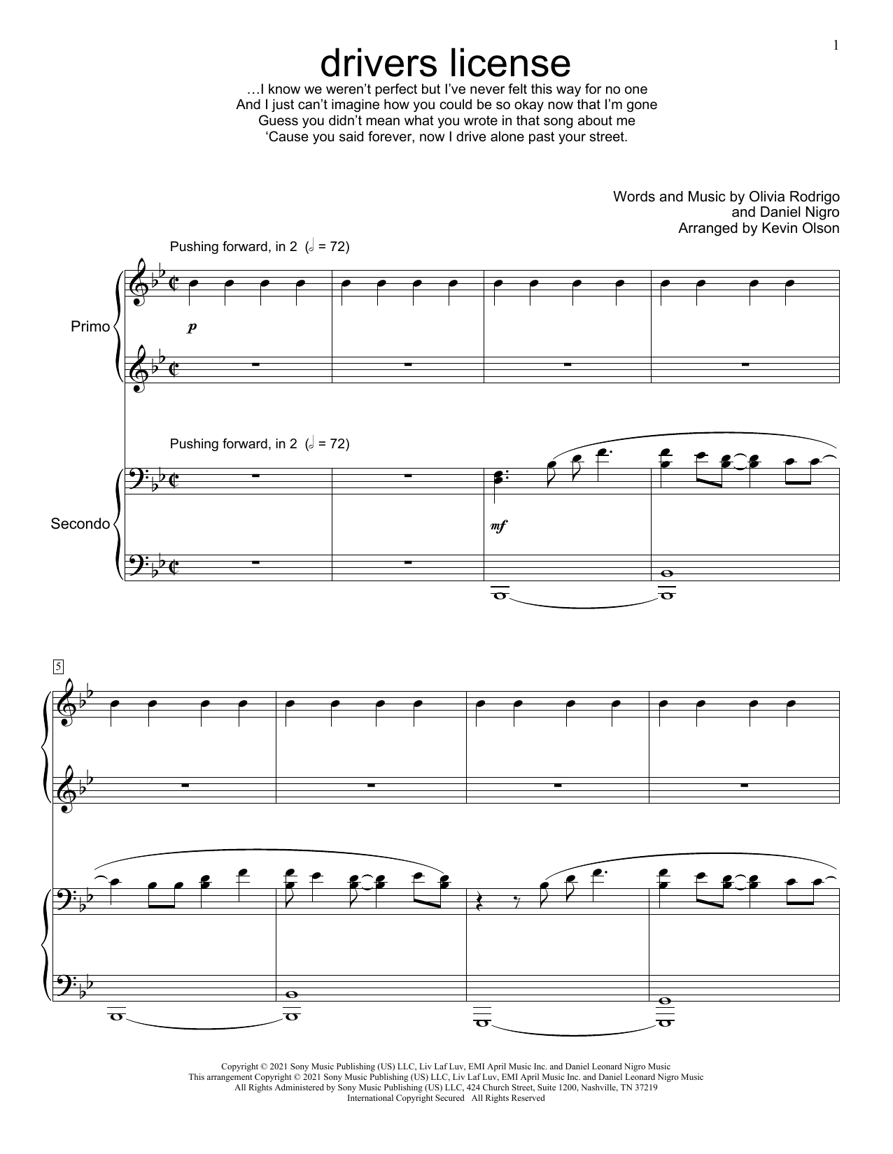 Olivia Rodrigo drivers license (arr. Kevin Olson) Sheet Music Notes & Chords for Piano Duet - Download or Print PDF