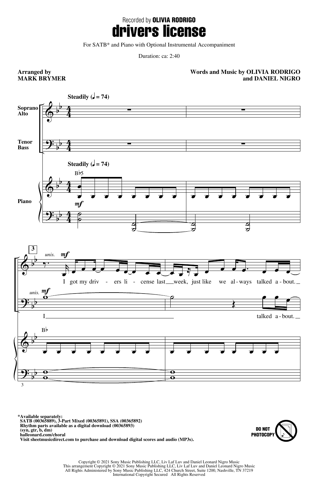 Olivia Rodrigo drivers license (arr. Mark Brymer) Sheet Music Notes & Chords for 3-Part Mixed Choir - Download or Print PDF
