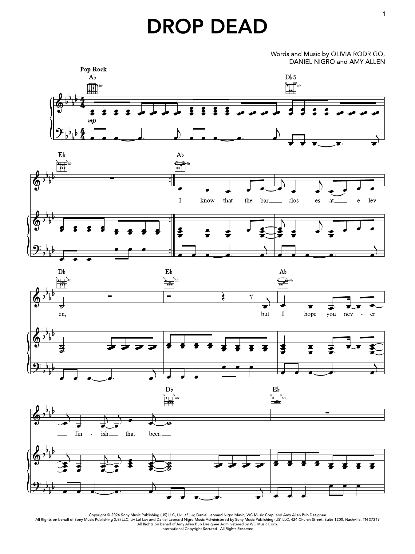 Olivia Rodrigo drop dead Sheet Music Notes & Chords for Super Easy Piano - Download or Print PDF