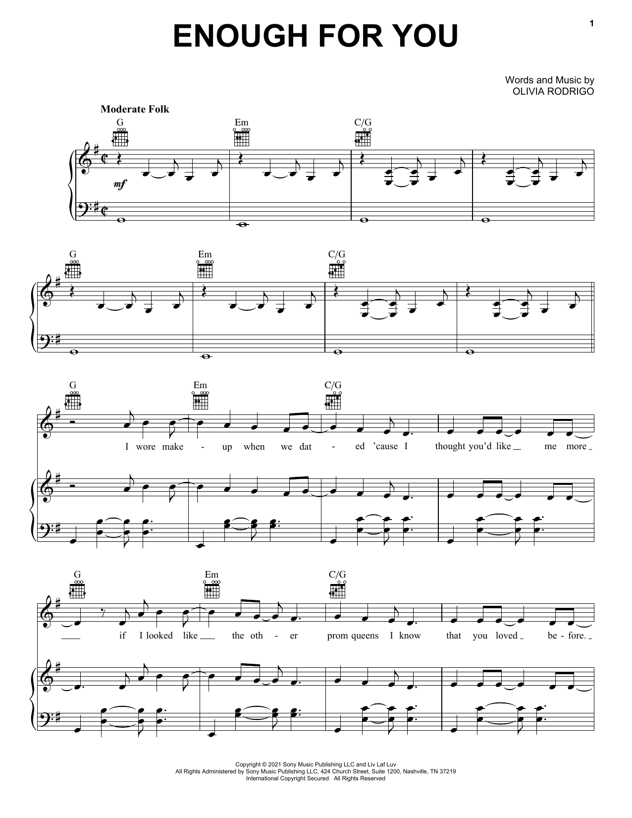 Olivia Rodrigo enough for you Sheet Music Notes & Chords for Piano, Vocal & Guitar (Right-Hand Melody) - Download or Print PDF