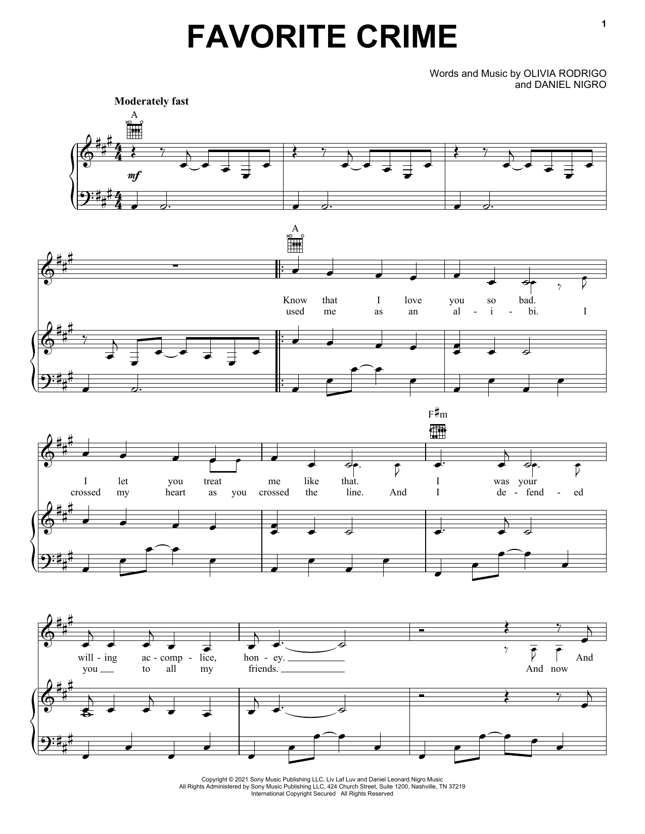 Olivia Rodrigo favorite crime Sheet Music Notes & Chords for Piano, Vocal & Guitar (Right-Hand Melody) - Download or Print PDF