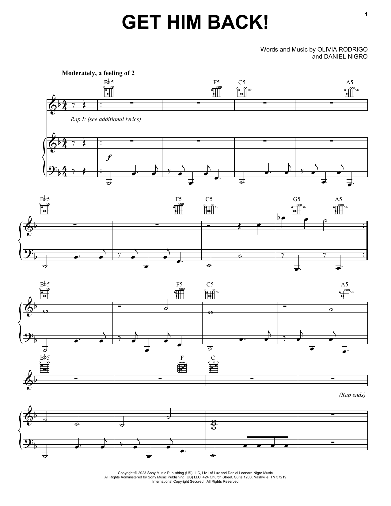Olivia Rodrigo get him back! Sheet Music Notes & Chords for Piano, Vocal & Guitar Chords (Right-Hand Melody) - Download or Print PDF