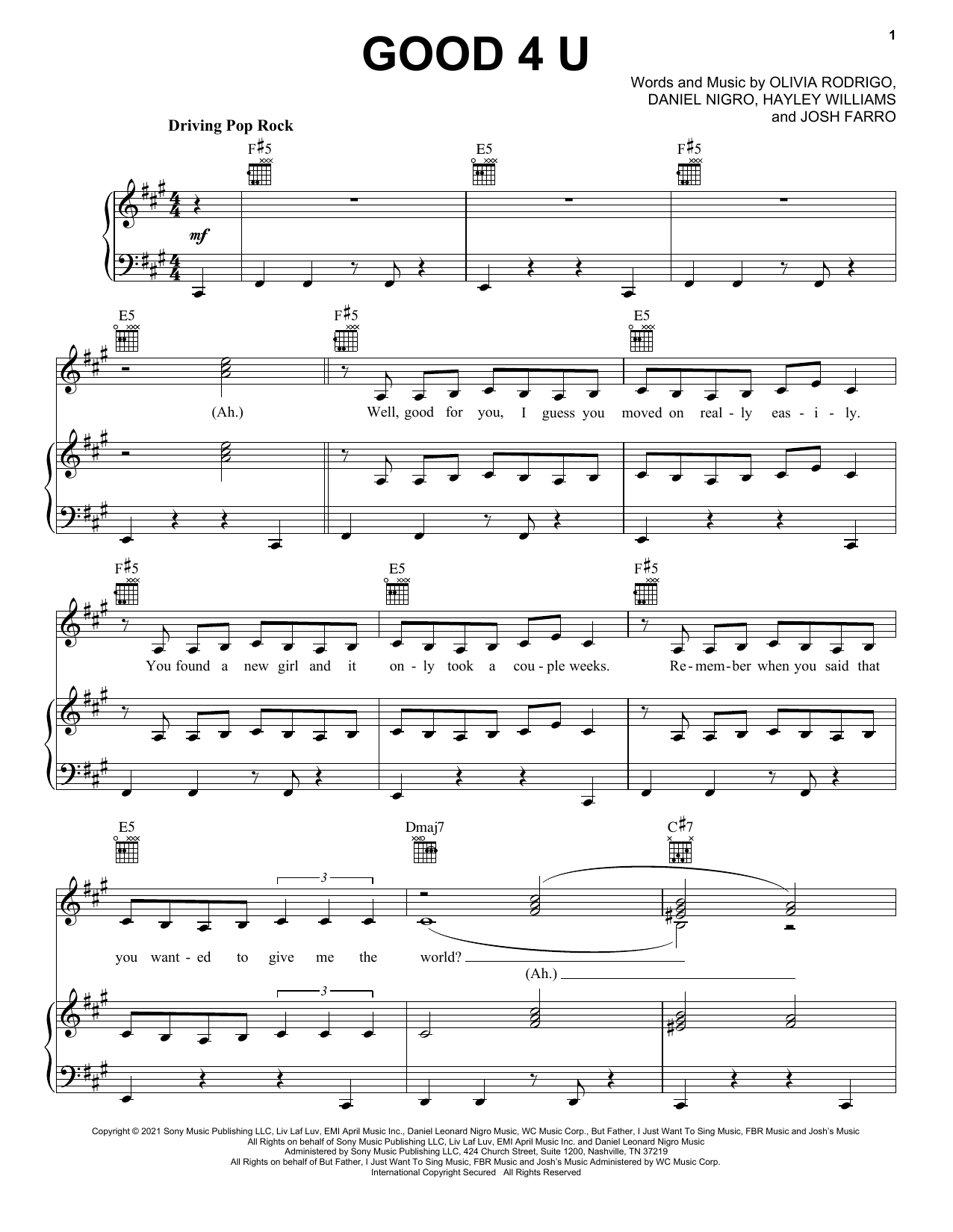 Olivia Rodrigo good 4 u Sheet Music Notes & Chords for Piano, Vocal & Guitar (Right-Hand Melody) - Download or Print PDF