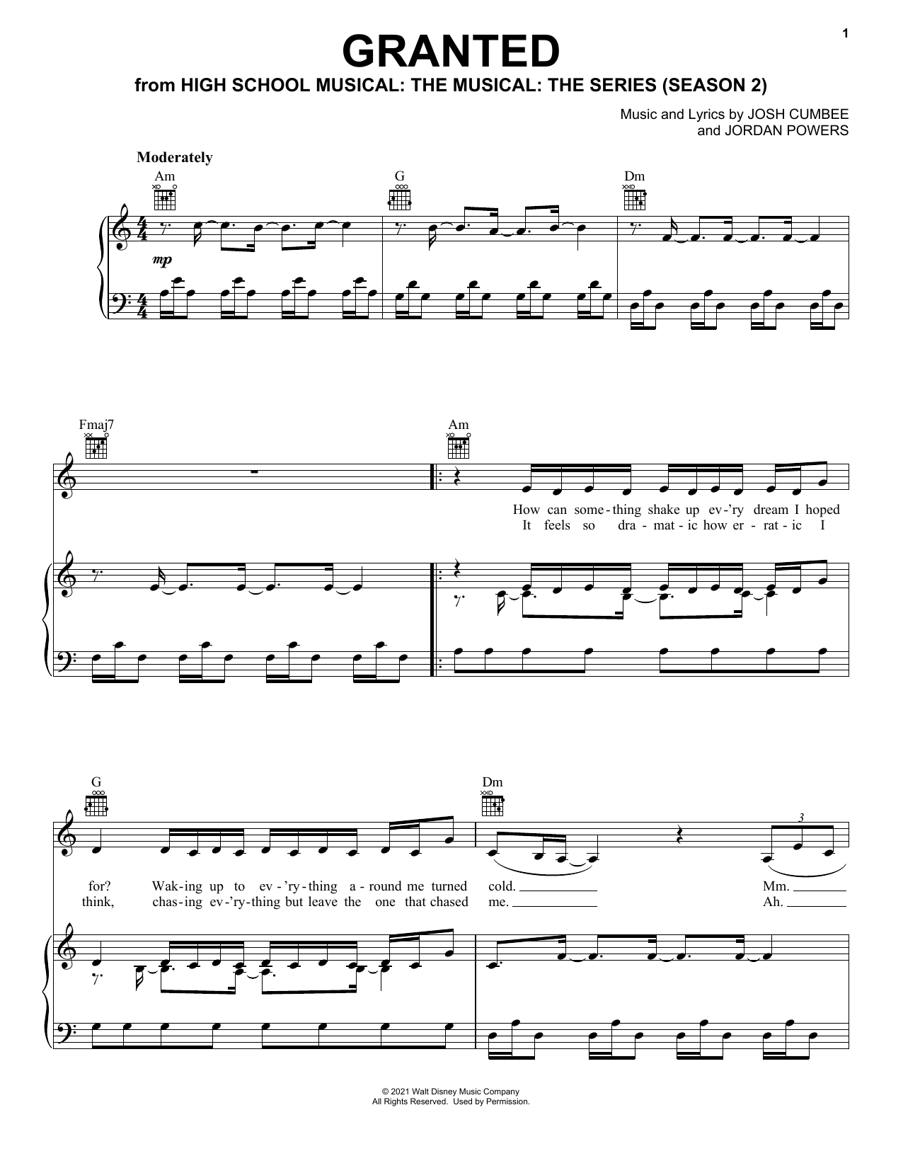 Olivia Rodrigo Granted (from High School Musical: The Musical: The Series) Sheet Music Notes & Chords for Piano, Vocal & Guitar (Right-Hand Melody) - Download or Print PDF