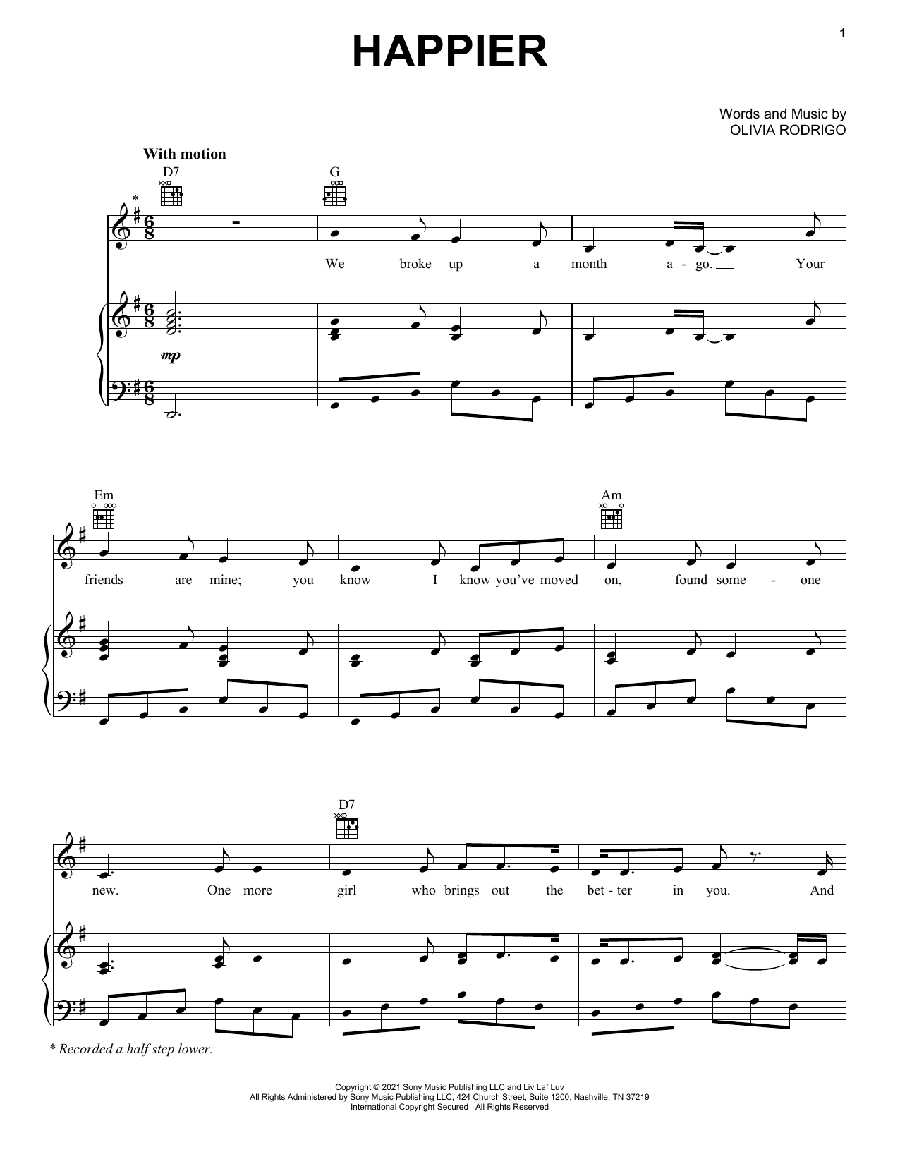 Olivia Rodrigo happier Sheet Music Notes & Chords for Piano, Vocal & Guitar (Right-Hand Melody) - Download or Print PDF