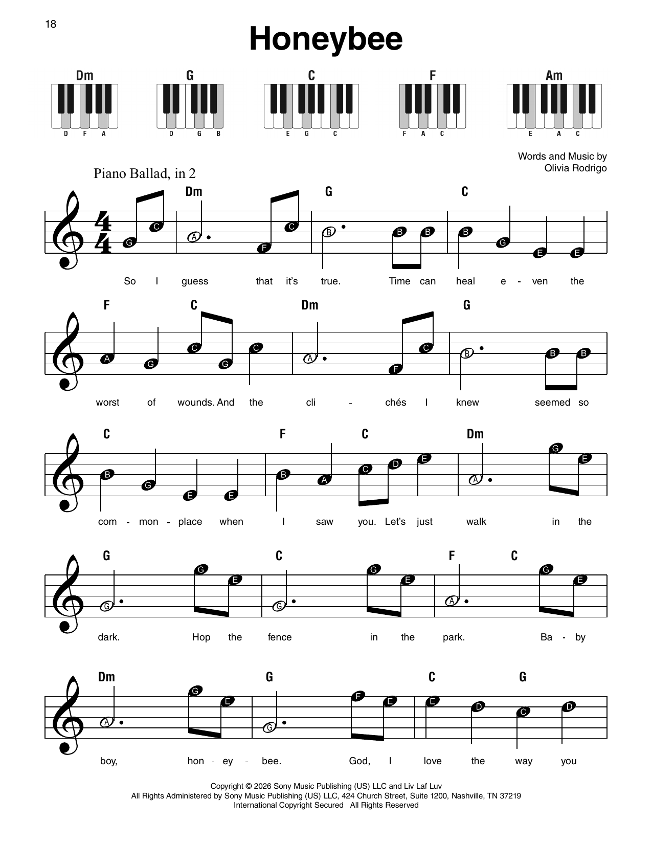 Olivia Rodrigo honeybee Sheet Music Notes & Chords for Super Easy Piano - Download or Print PDF