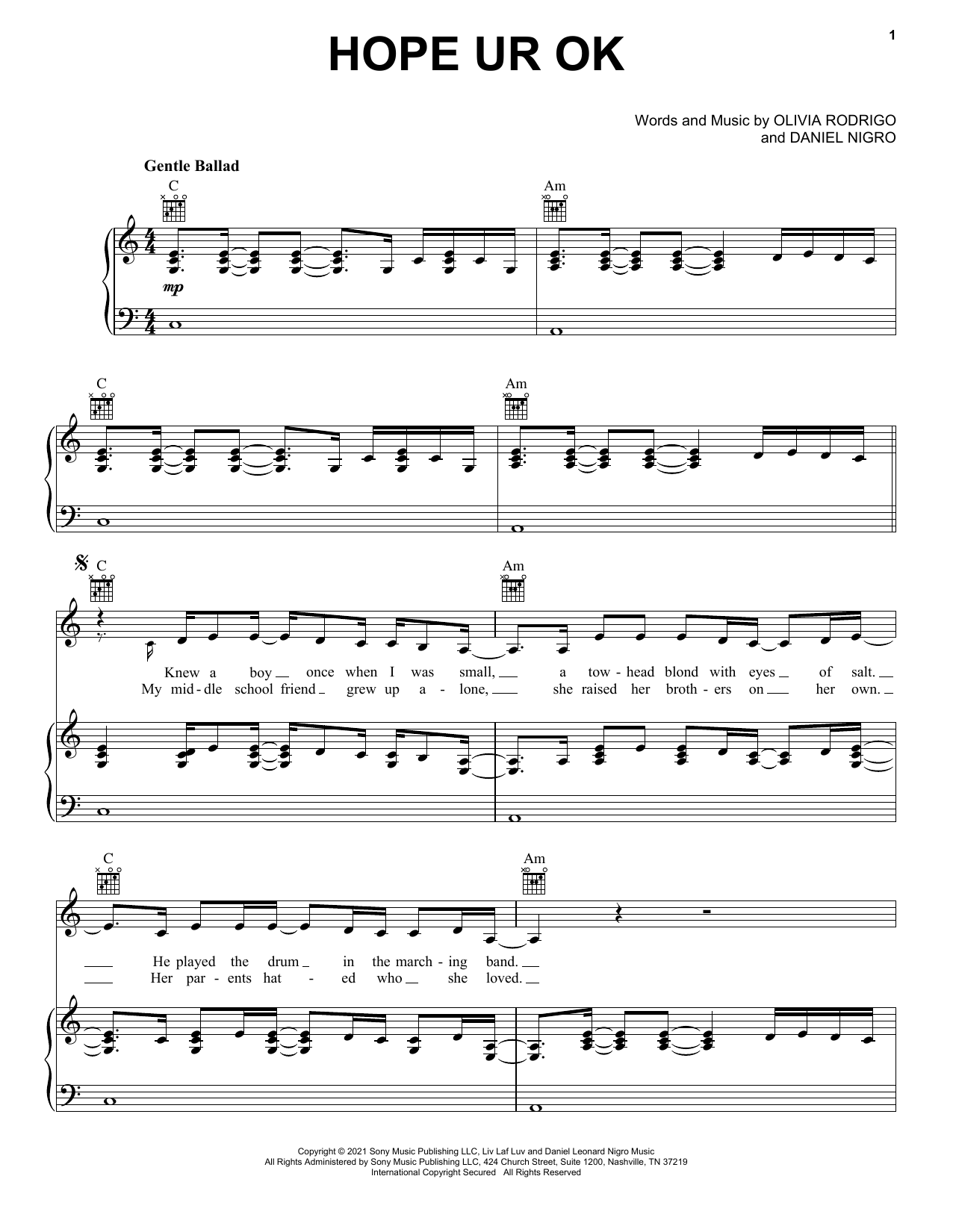 Olivia Rodrigo hope ur ok Sheet Music Notes & Chords for Piano, Vocal & Guitar (Right-Hand Melody) - Download or Print PDF