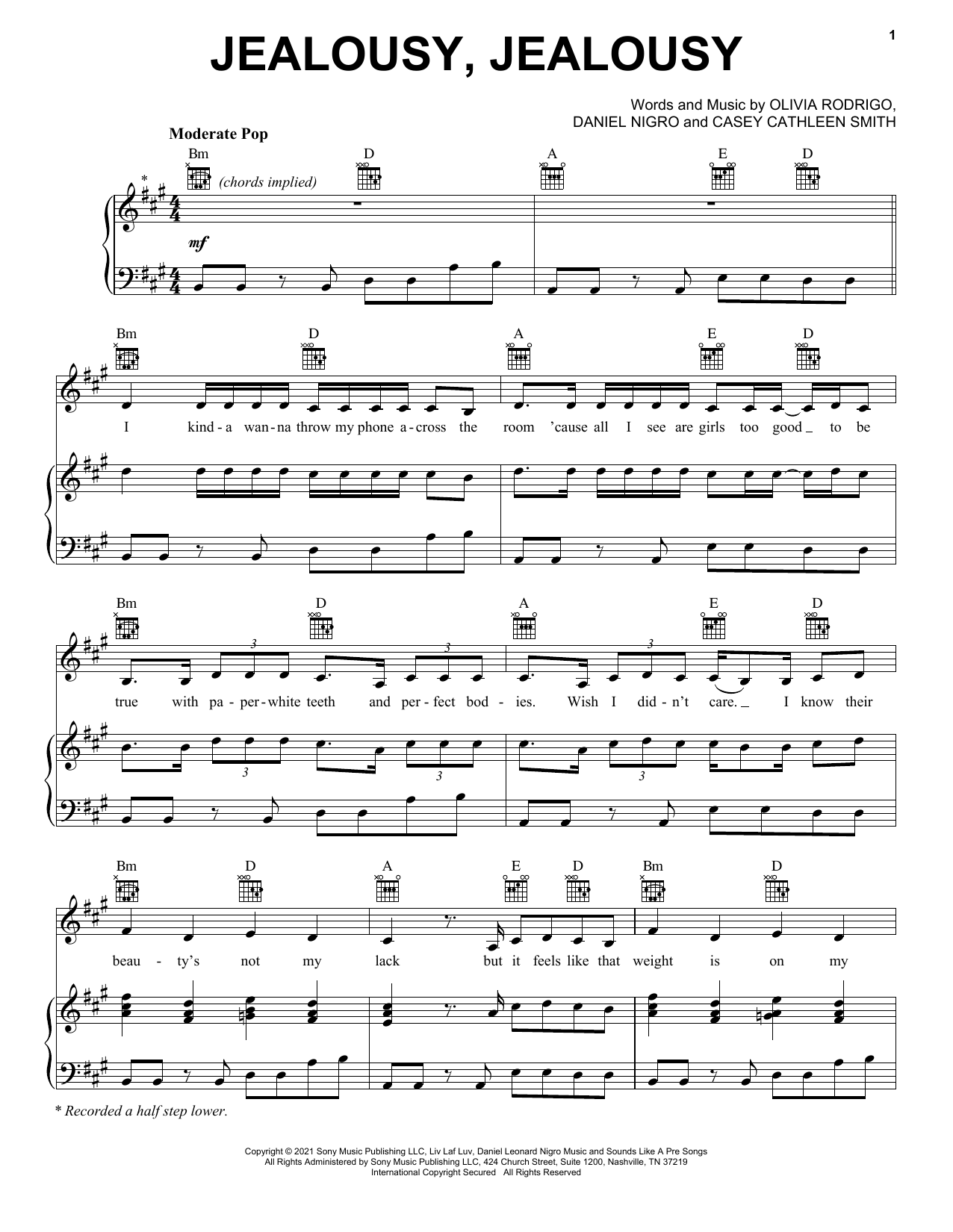 Olivia Rodrigo jealousy, jealousy Sheet Music Notes & Chords for Piano, Vocal & Guitar (Right-Hand Melody) - Download or Print PDF