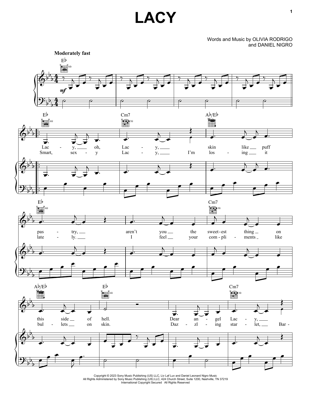Olivia Rodrigo lacy Sheet Music Notes & Chords for Piano, Vocal & Guitar Chords (Right-Hand Melody) - Download or Print PDF