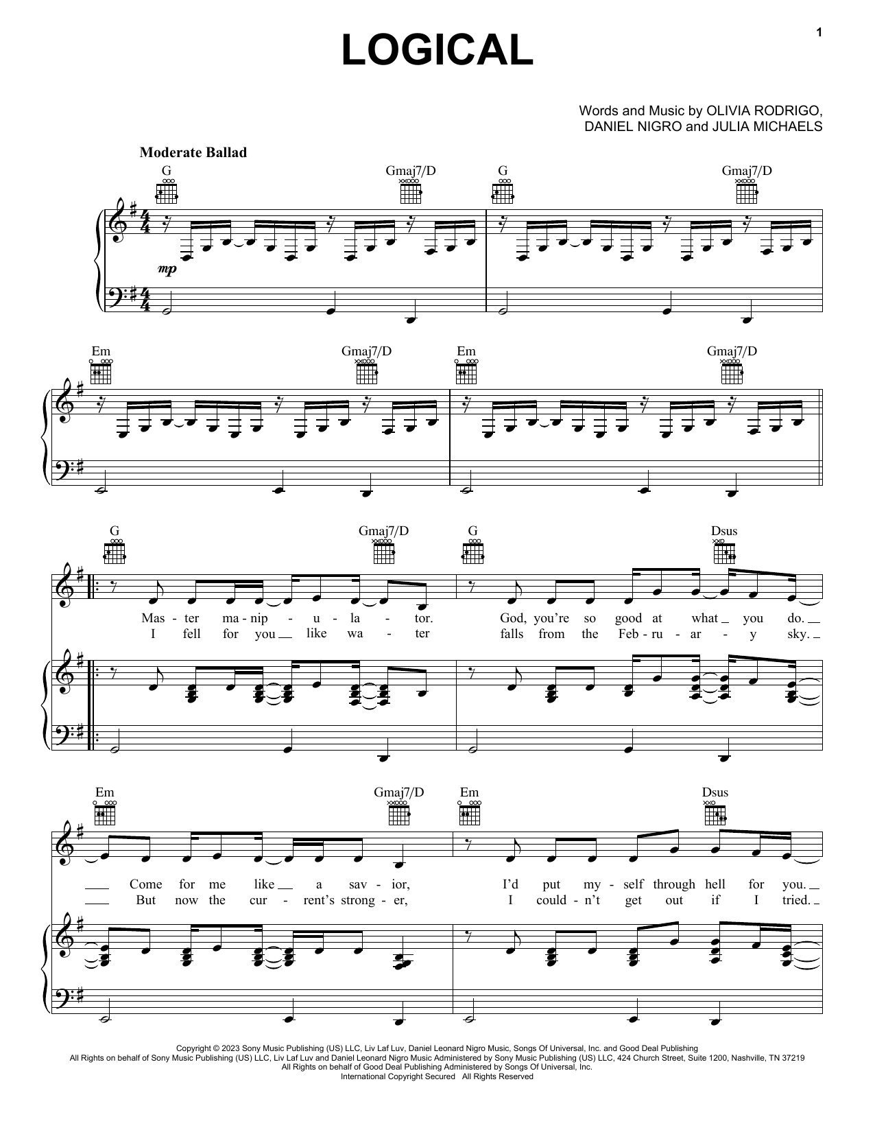 Olivia Rodrigo logical Sheet Music Notes & Chords for Piano, Vocal & Guitar Chords (Right-Hand Melody) - Download or Print PDF