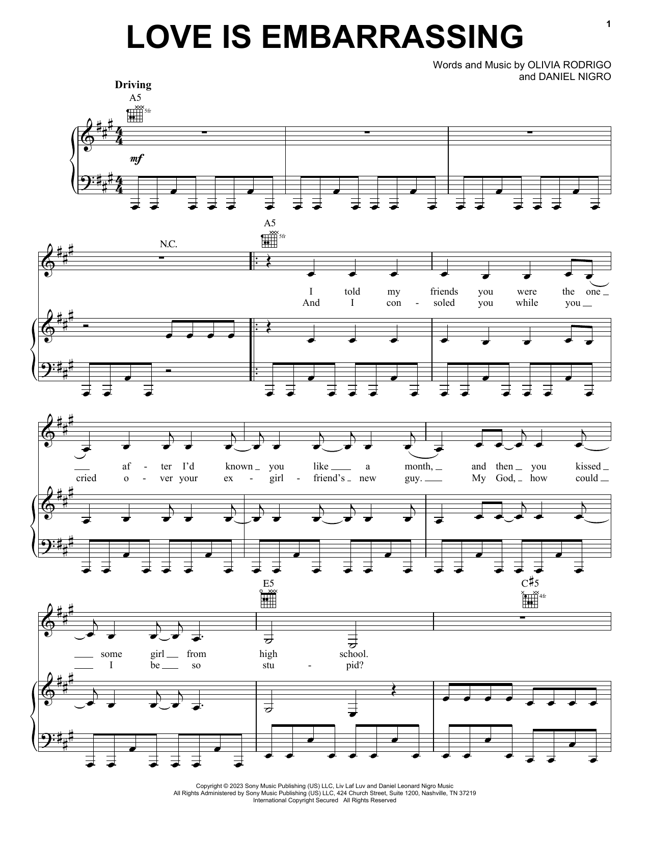Olivia Rodrigo love is embarrassing Sheet Music Notes & Chords for Piano, Vocal & Guitar Chords (Right-Hand Melody) - Download or Print PDF