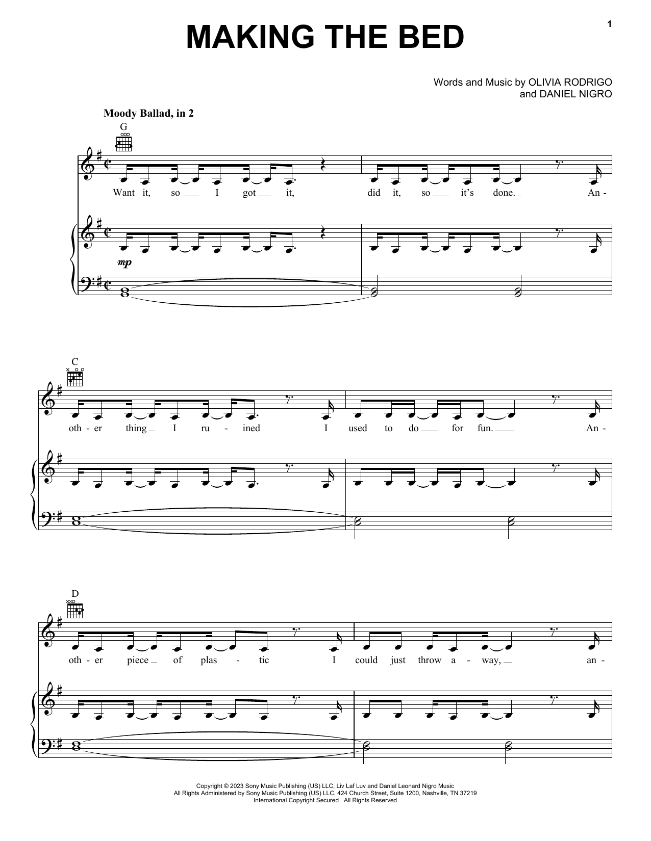 Olivia Rodrigo making the bed Sheet Music Notes & Chords for Piano, Vocal & Guitar Chords (Right-Hand Melody) - Download or Print PDF