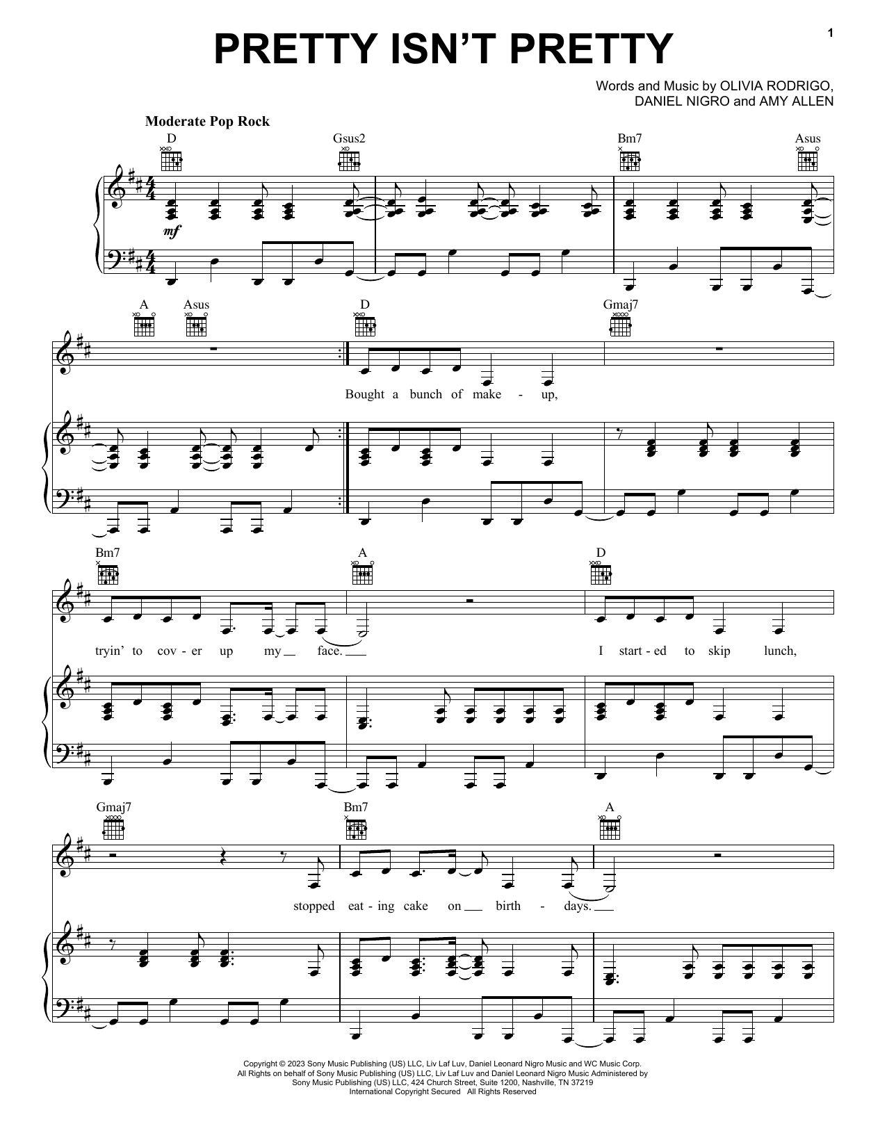 Olivia Rodrigo pretty isn't pretty Sheet Music Notes & Chords for Piano, Vocal & Guitar Chords (Right-Hand Melody) - Download or Print PDF