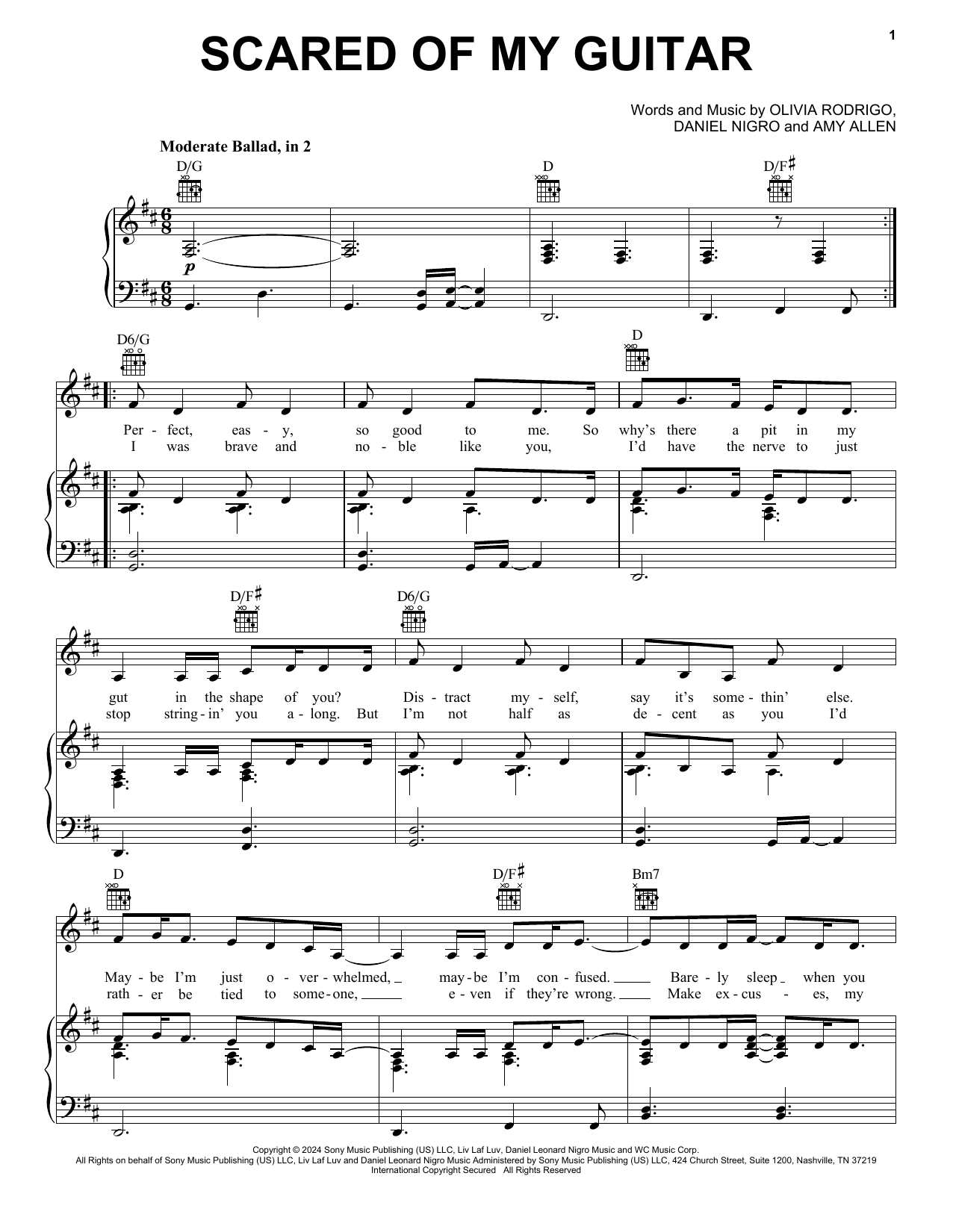 Olivia Rodrigo Scared Of My Guitar Sheet Music Notes & Chords for Piano, Vocal & Guitar Chords (Right-Hand Melody) - Download or Print PDF