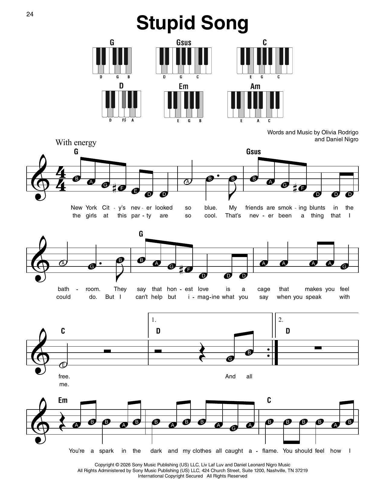 Olivia Rodrigo stupid song Sheet Music Notes & Chords for Super Easy Piano - Download or Print PDF