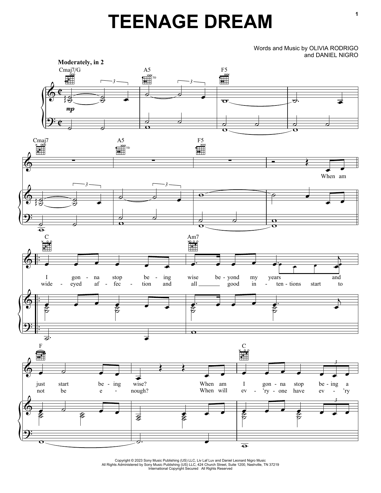 Olivia Rodrigo teenage dream Sheet Music Notes & Chords for Piano, Vocal & Guitar Chords (Right-Hand Melody) - Download or Print PDF