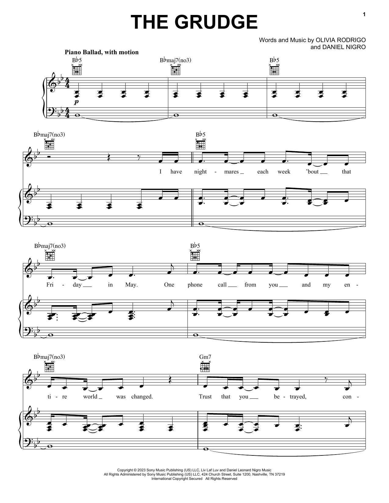 Olivia Rodrigo the grudge Sheet Music Notes & Chords for Piano, Vocal & Guitar Chords (Right-Hand Melody) - Download or Print PDF