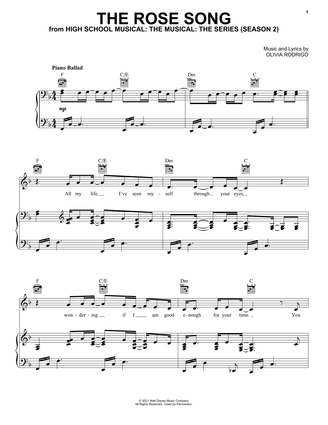 Olivia Rodrigo The Rose Song (from High School Musical: The Musical: The Series) Sheet Music Notes & Chords for Piano, Vocal & Guitar (Right-Hand Melody) - Download or Print PDF