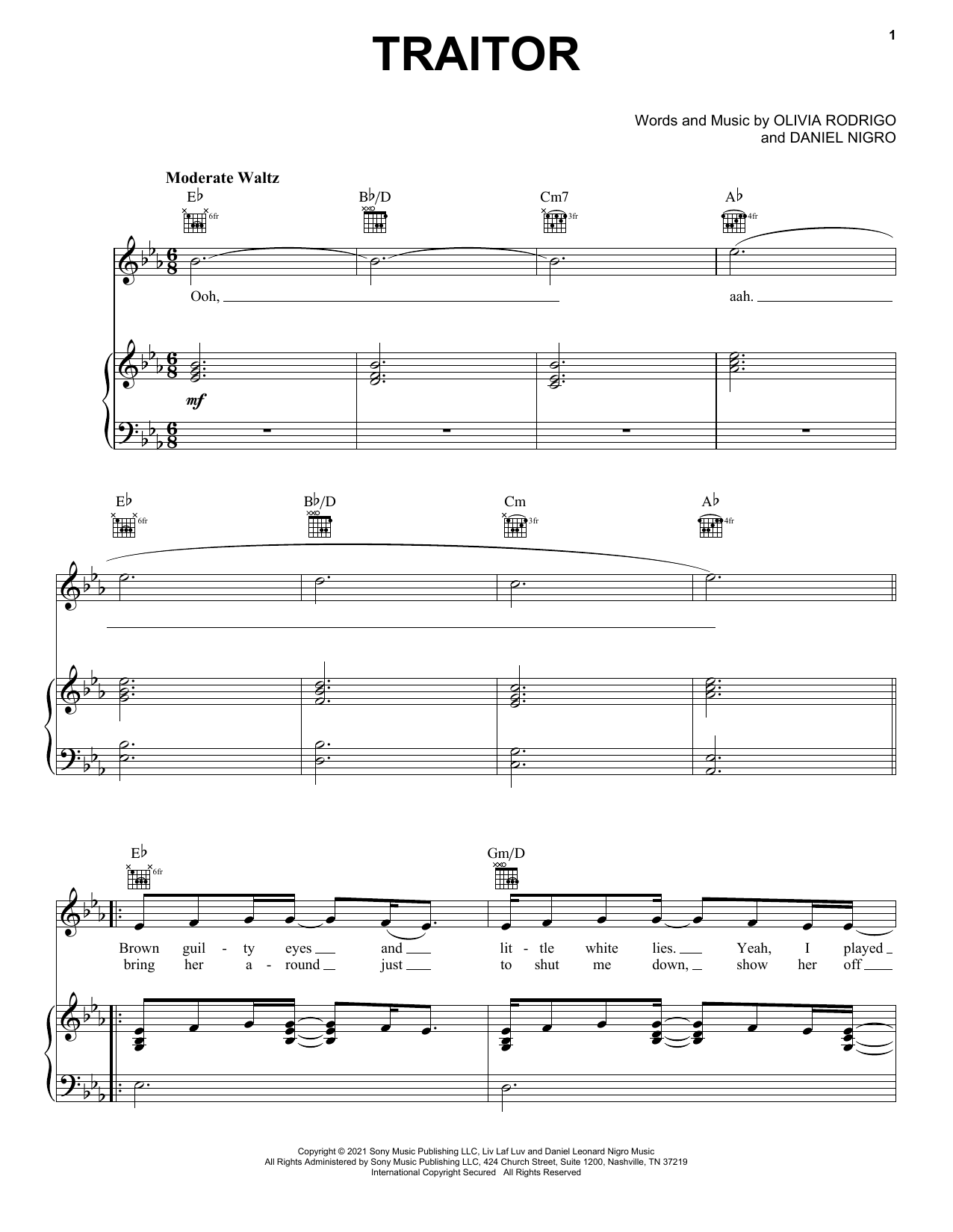 Olivia Rodrigo traitor Sheet Music Notes & Chords for Piano, Vocal & Guitar (Right-Hand Melody) - Download or Print PDF