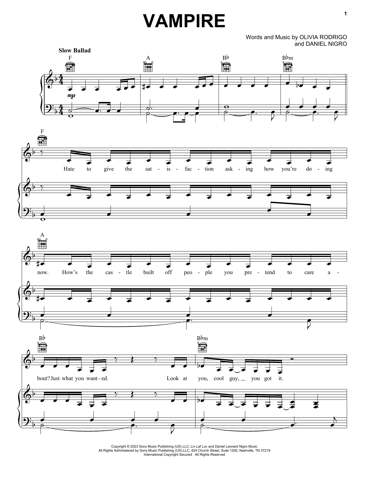 Olivia Rodrigo vampire Sheet Music Notes & Chords for Piano, Vocal & Guitar Chords (Right-Hand Melody) - Download or Print PDF