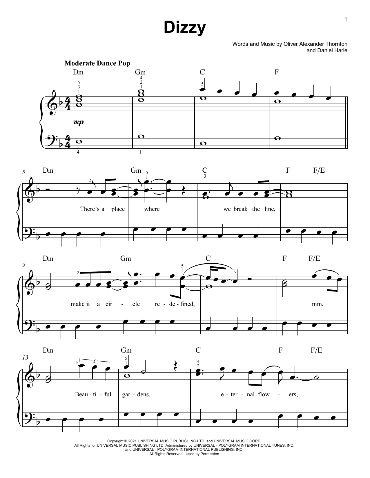 Olly Alexander (Years & Years) Dizzy Sheet Music Notes & Chords for Easy Piano - Download or Print PDF