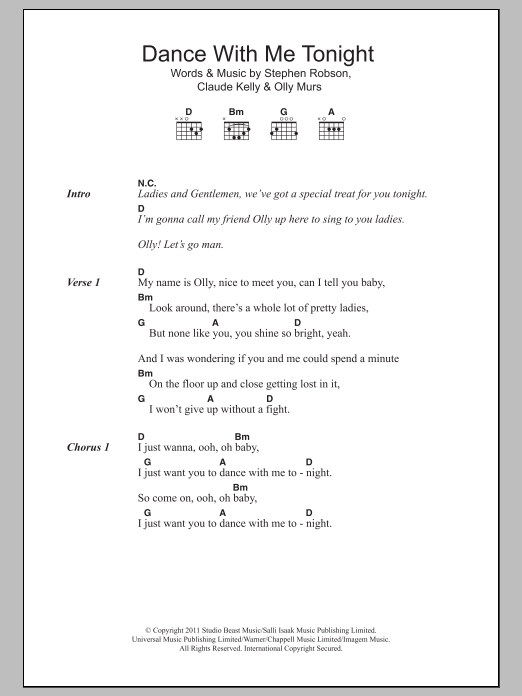 Olly Murs Dance With Me Tonight Sheet Music Notes & Chords for Lyrics & Chords - Download or Print PDF