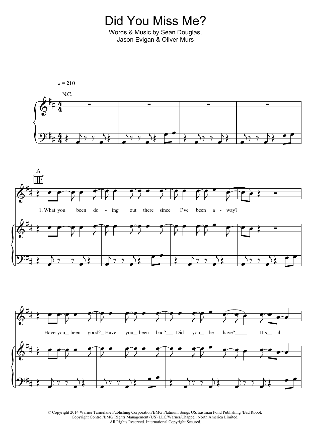 Olly Murs Did You Miss Me Sheet Music Notes & Chords for Piano, Vocal & Guitar (Right-Hand Melody) - Download or Print PDF