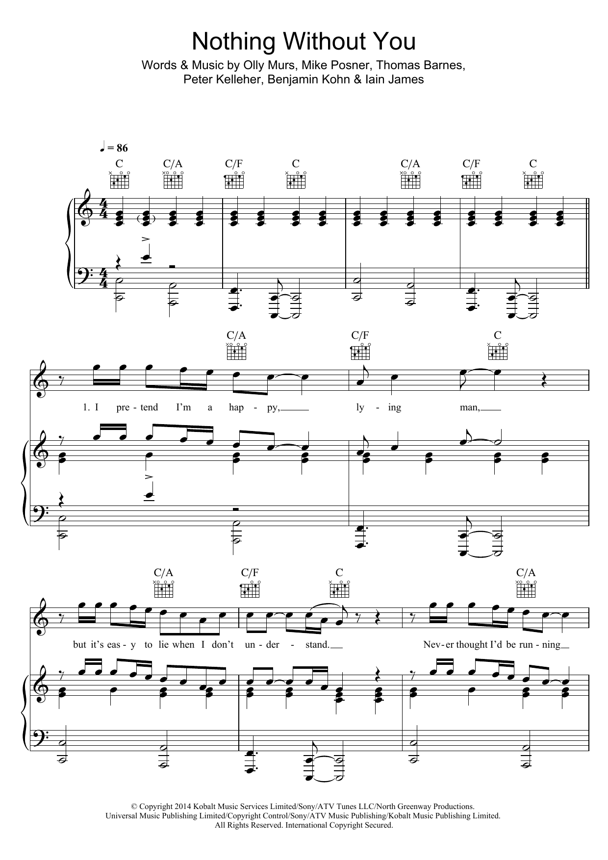 Olly Murs Nothing Without You Sheet Music Notes & Chords for Piano, Vocal & Guitar (Right-Hand Melody) - Download or Print PDF
