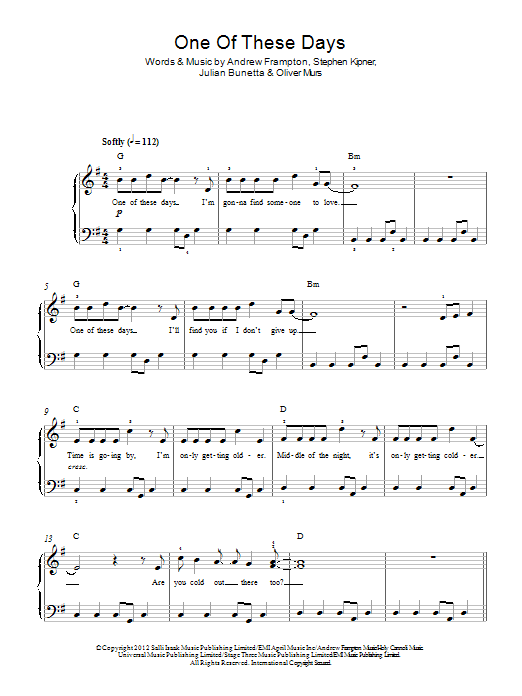 Olly Murs One Of These Days Sheet Music Notes & Chords for Beginner Piano - Download or Print PDF