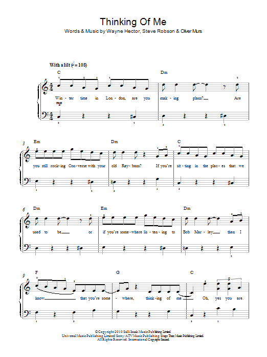 Olly Murs Thinking Of Me Sheet Music Notes & Chords for Beginner Piano - Download or Print PDF