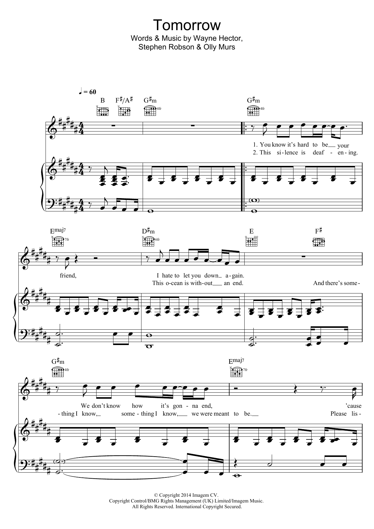 Olly Murs Tomorrow Sheet Music Notes & Chords for Piano, Vocal & Guitar - Download or Print PDF