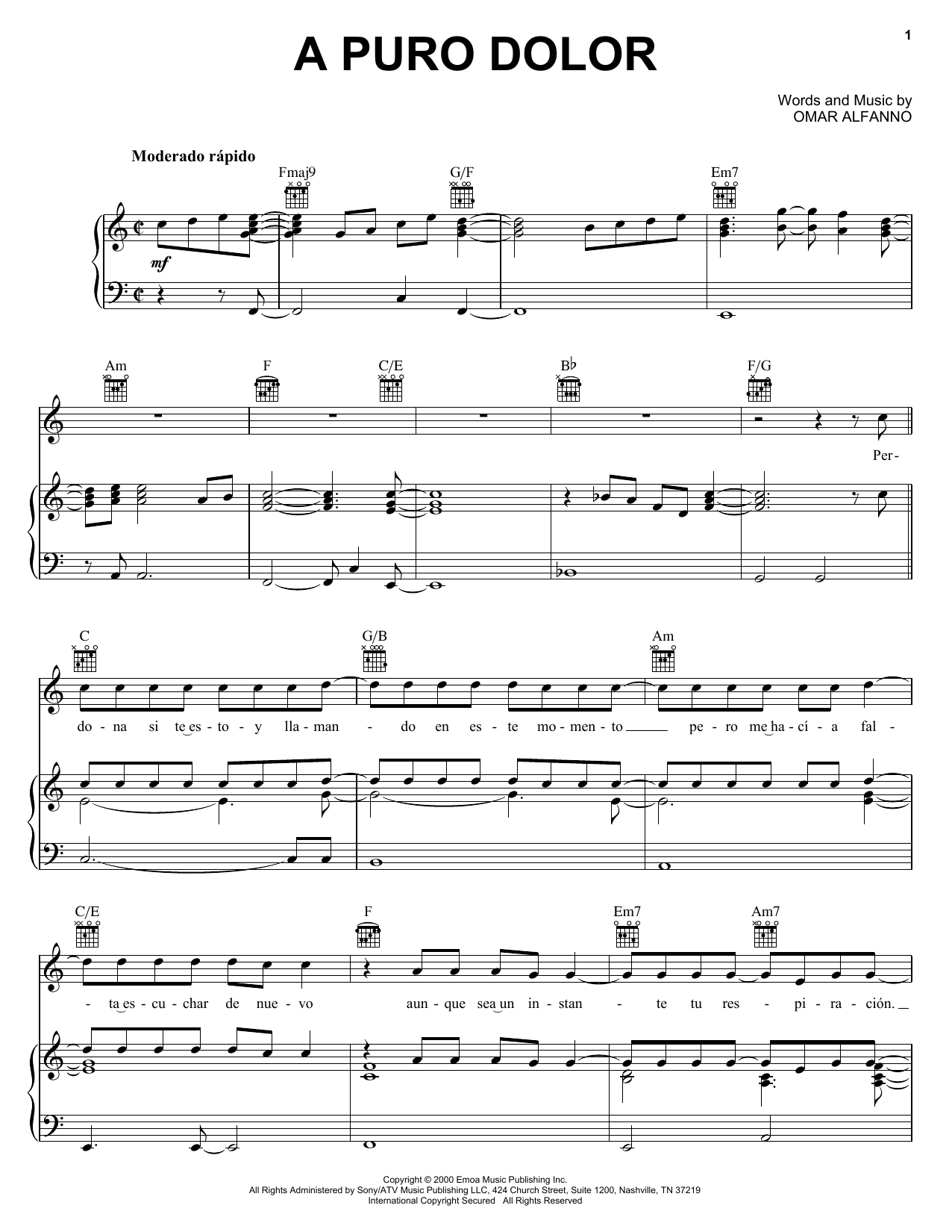 Omar Alfanno A Puro Dolor Sheet Music Notes & Chords for Piano, Vocal & Guitar (Right-Hand Melody) - Download or Print PDF