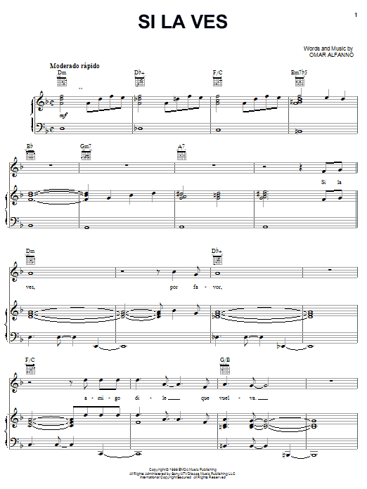 Omar Alfanno Si La Ves Sheet Music Notes & Chords for Piano, Vocal & Guitar (Right-Hand Melody) - Download or Print PDF
