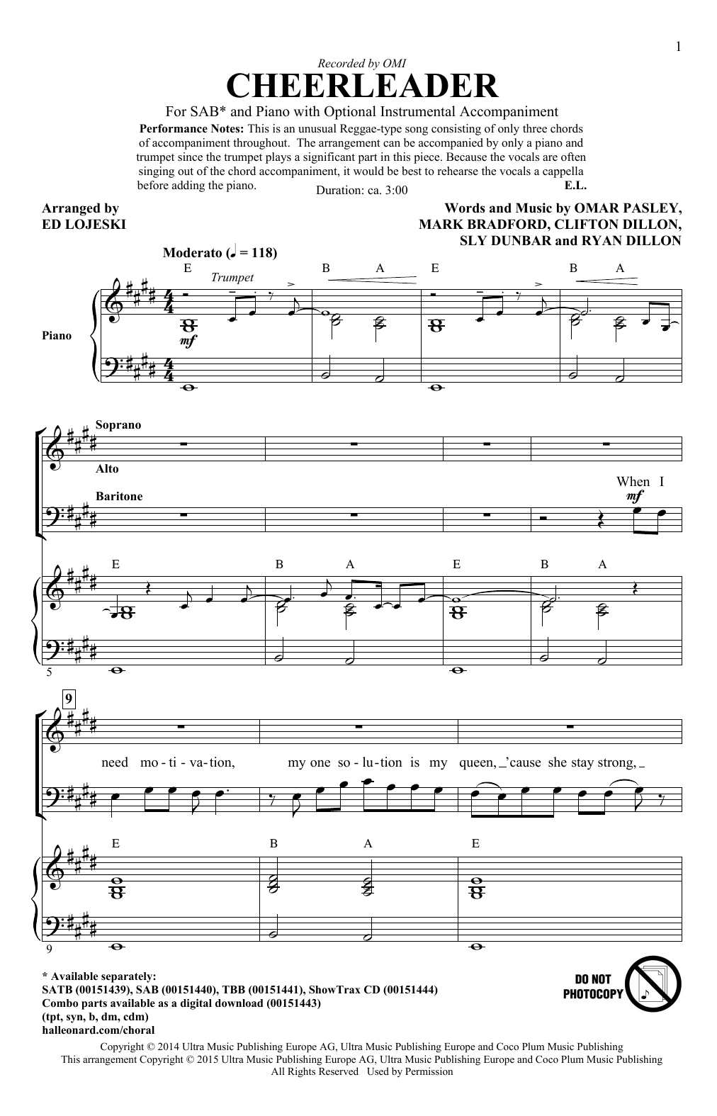 Ed Lojeski Cheerleader Sheet Music Notes & Chords for TBB - Download or Print PDF