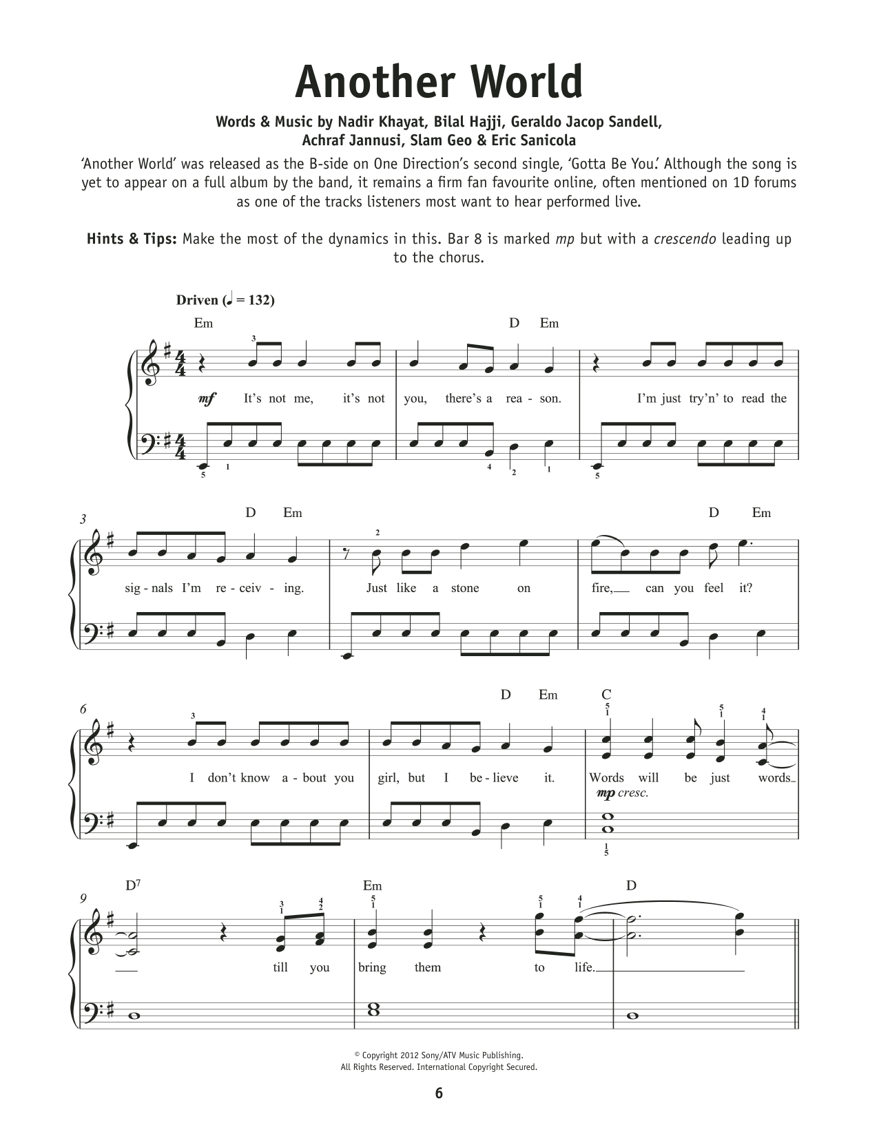 One Direction Another World Sheet Music Notes & Chords for Beginner Piano - Download or Print PDF