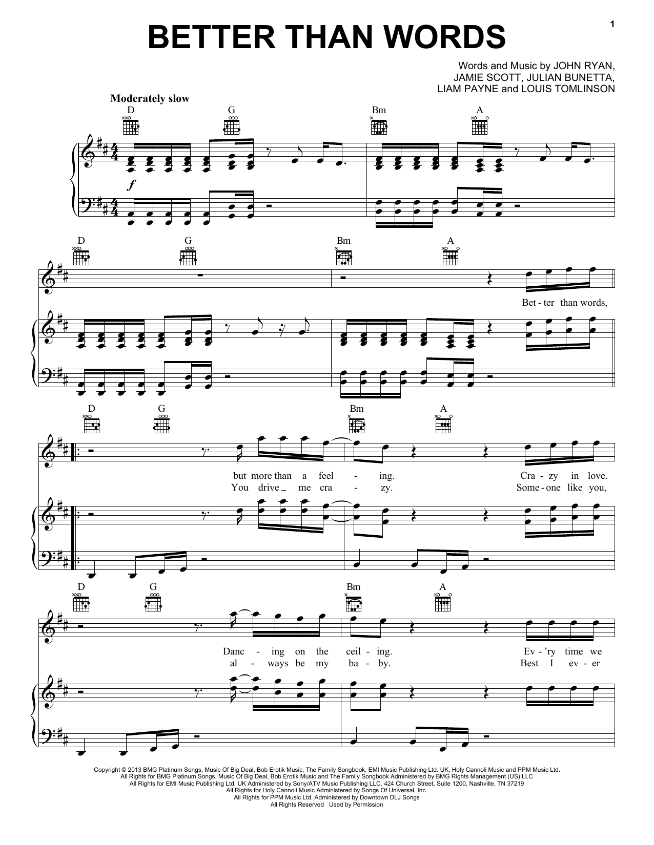 One Direction Better Than Words Sheet Music Notes & Chords for Piano, Vocal & Guitar (Right-Hand Melody) - Download or Print PDF