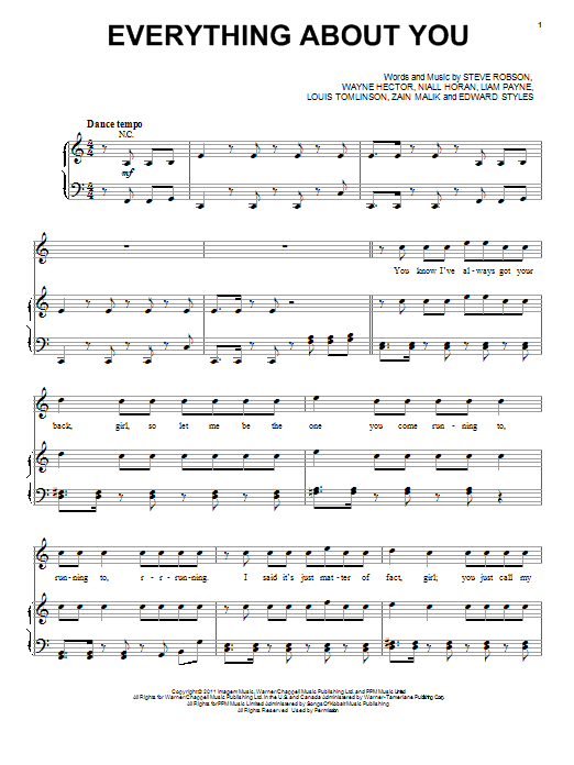 One Direction Everything About You Sheet Music Notes & Chords for Piano, Vocal & Guitar (Right-Hand Melody) - Download or Print PDF
