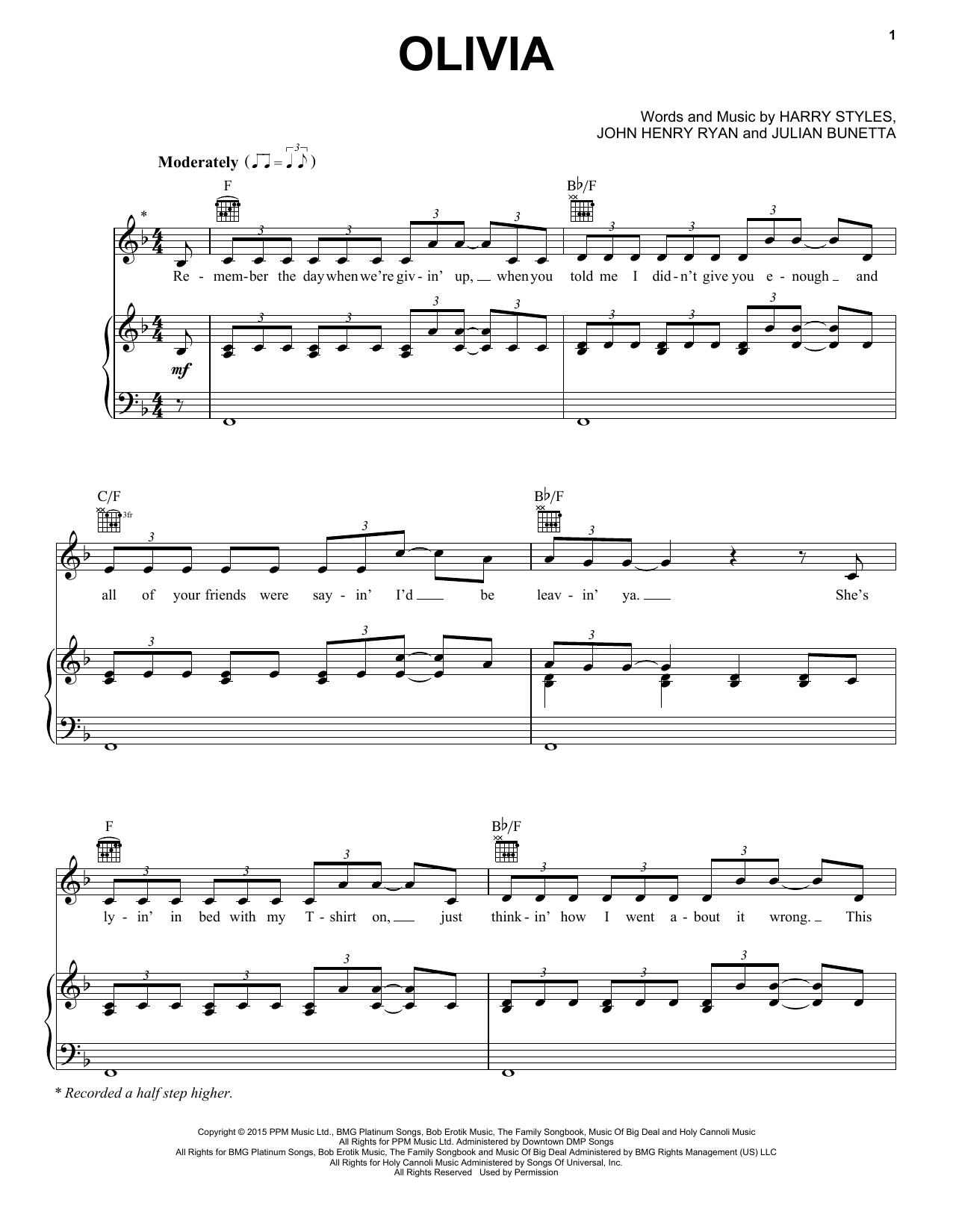 One Direction Olivia Sheet Music Notes & Chords for Piano, Vocal & Guitar (Right-Hand Melody) - Download or Print PDF