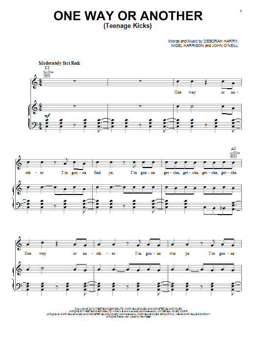 One Direction One Way Or Another (Teenage Kicks) Sheet Music Notes & Chords for Piano, Vocal & Guitar (Right-Hand Melody) - Download or Print PDF