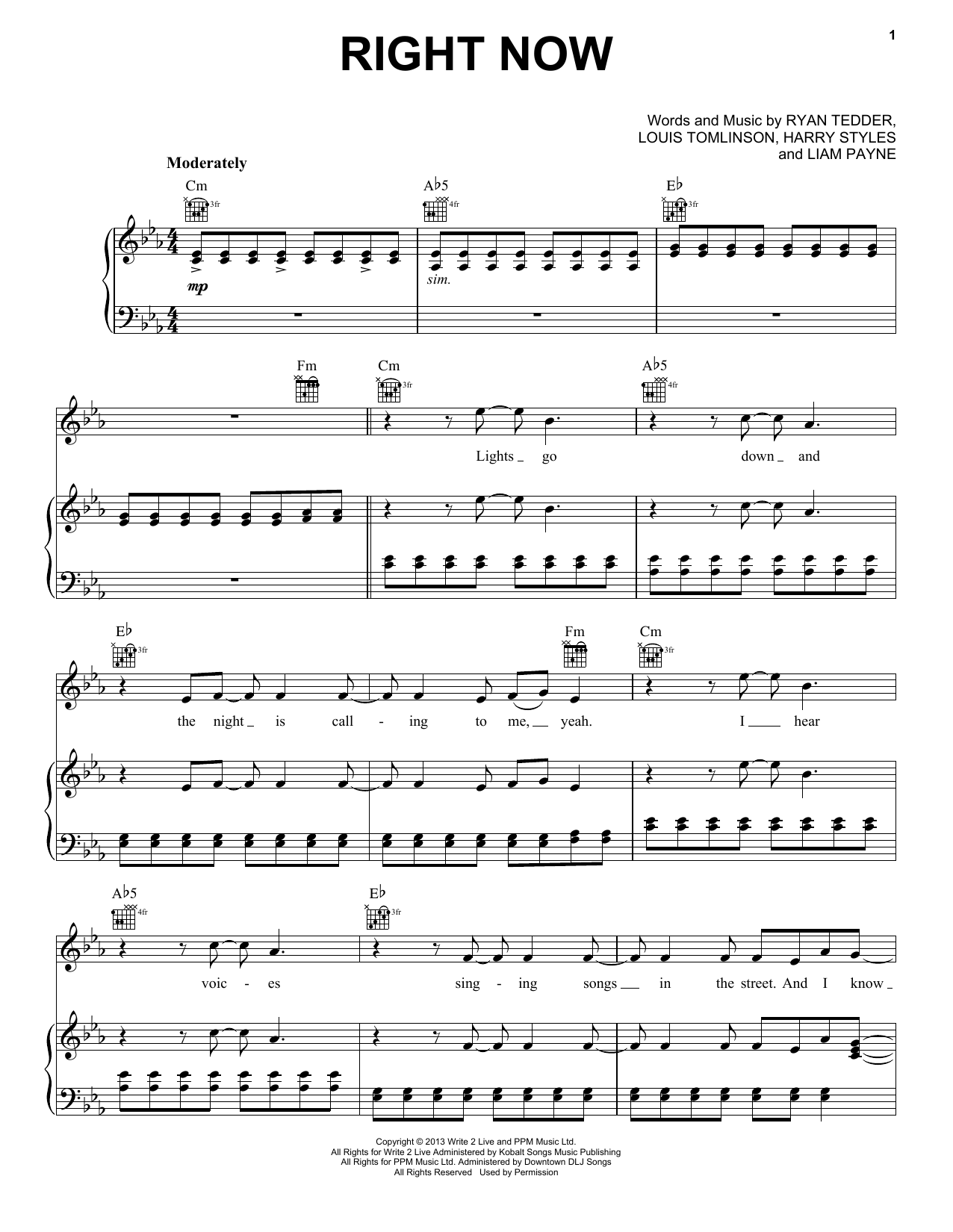 One Direction Right Now Sheet Music Notes & Chords for Piano, Vocal & Guitar (Right-Hand Melody) - Download or Print PDF