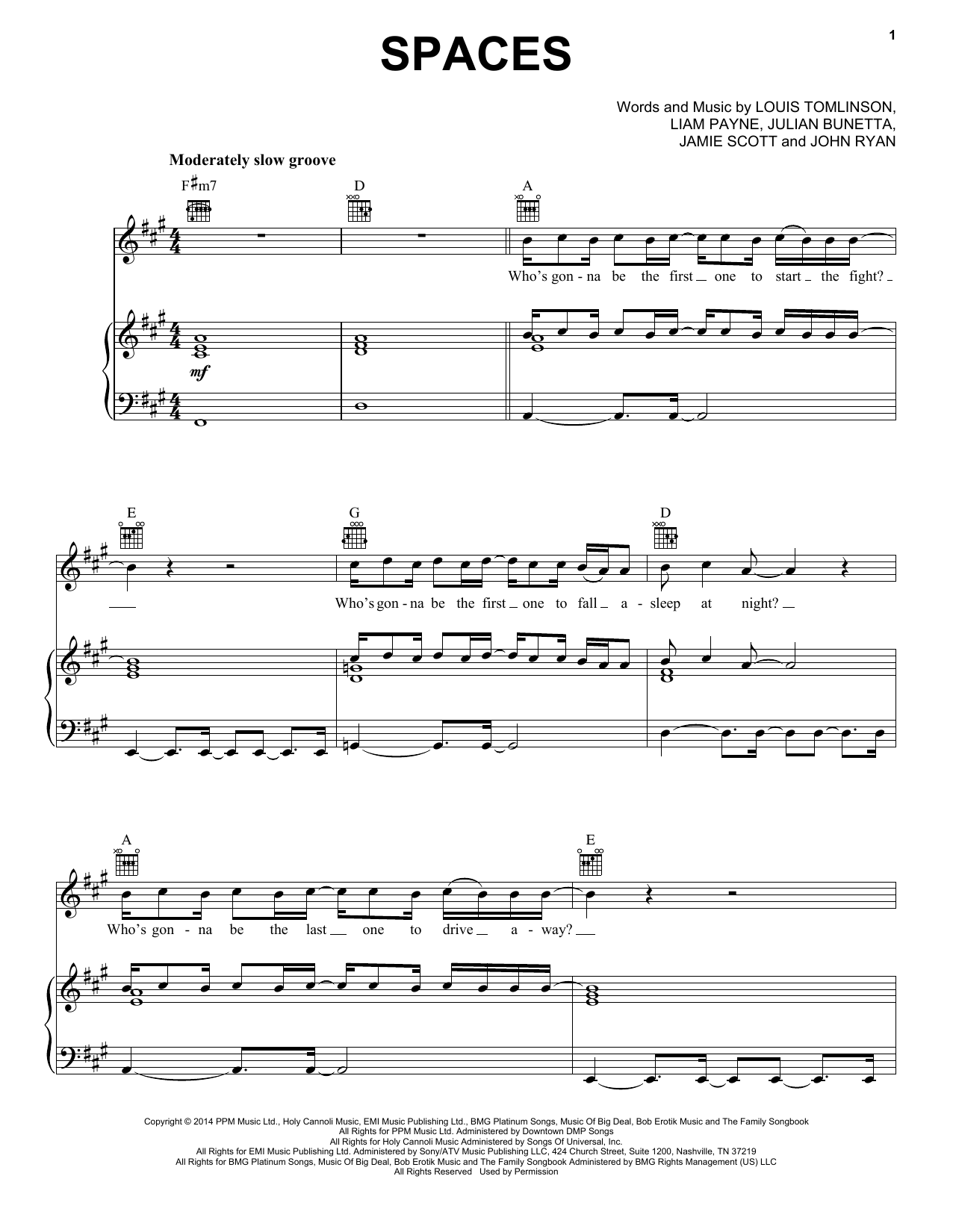 One Direction Spaces Sheet Music Notes & Chords for Piano, Vocal & Guitar (Right-Hand Melody) - Download or Print PDF