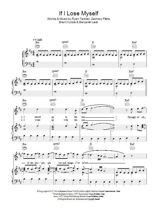 One Republic If I Lose Myself Sheet Music Notes & Chords for Piano, Vocal & Guitar (Right-Hand Melody) - Download or Print PDF