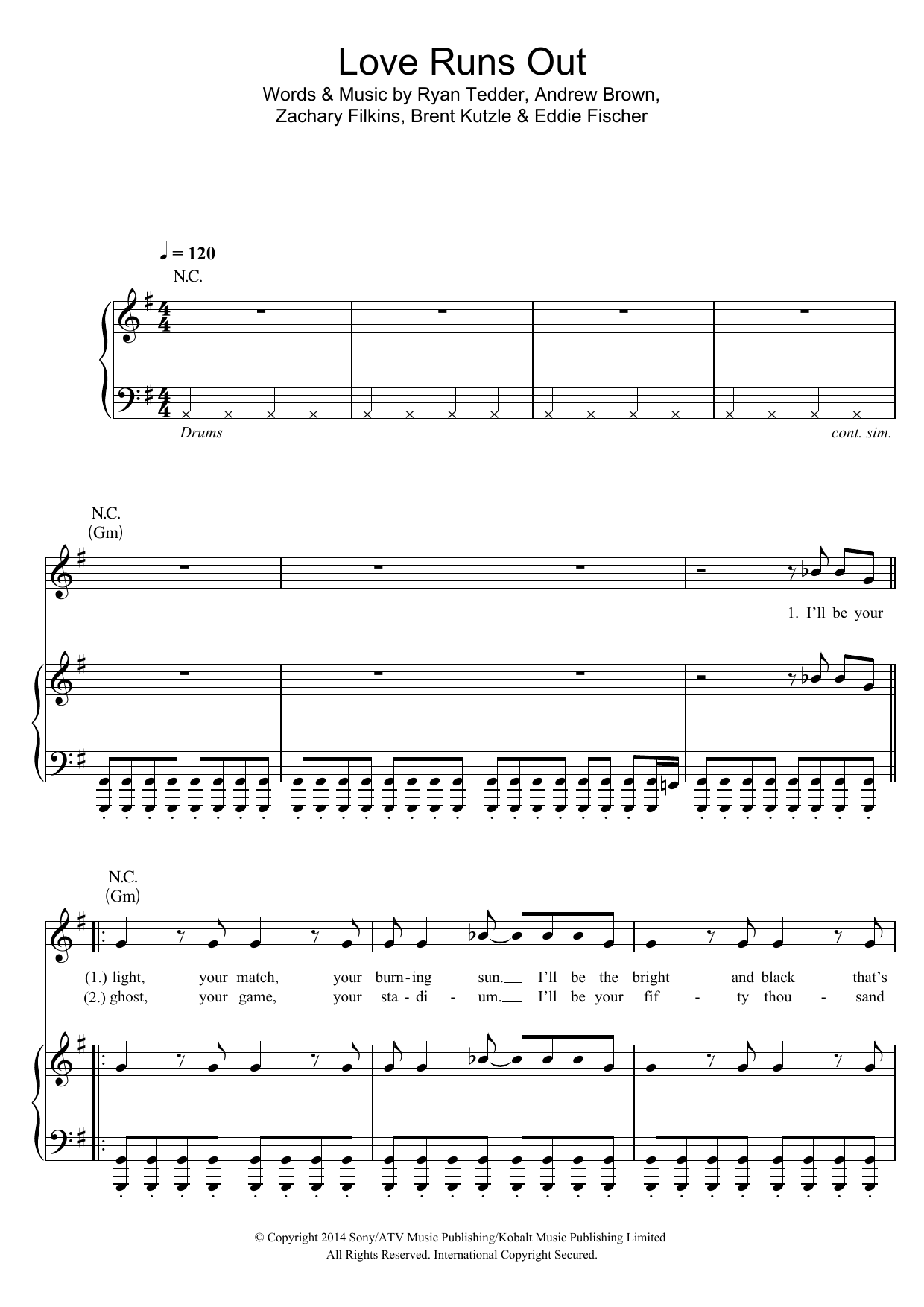 One Republic Love Runs Out Sheet Music Notes & Chords for Piano, Vocal & Guitar (Right-Hand Melody) - Download or Print PDF