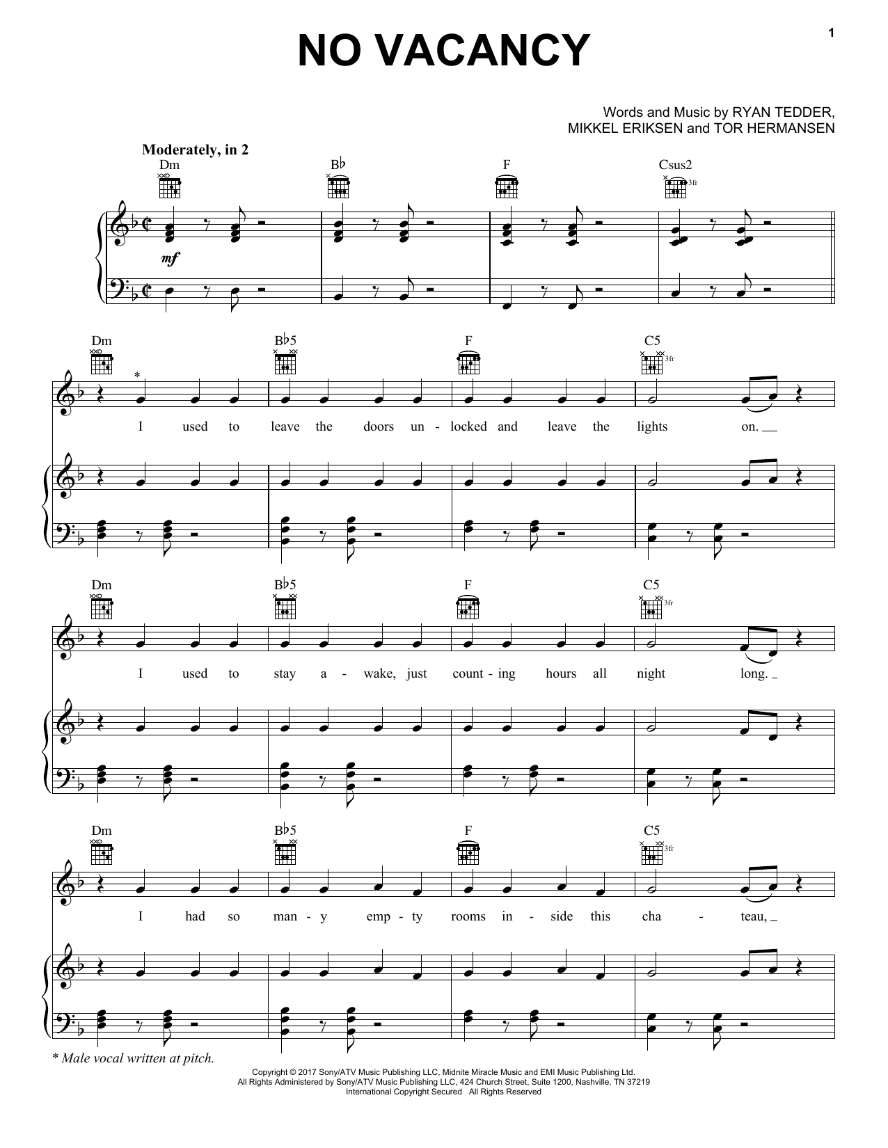 One Republic No Vacancy Sheet Music Notes & Chords for Piano, Vocal & Guitar (Right-Hand Melody) - Download or Print PDF