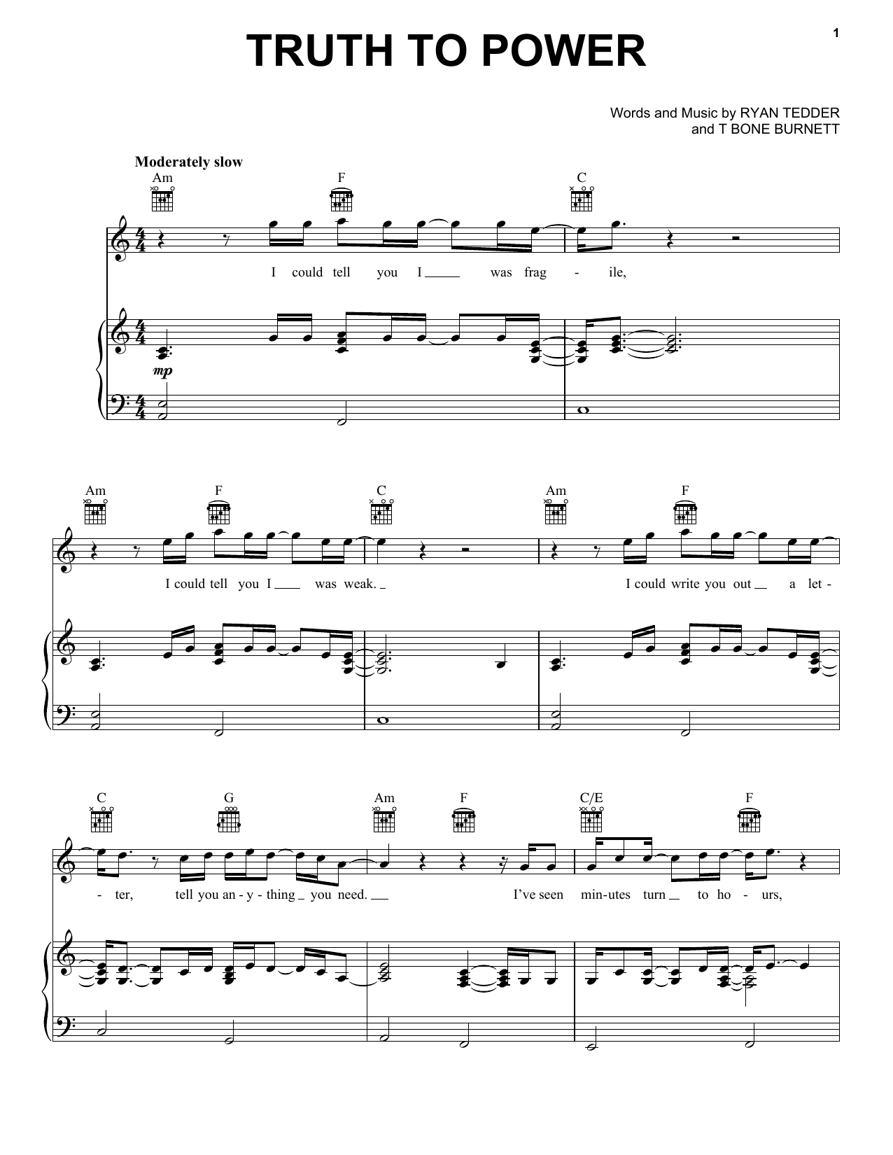 One Republic Truth To Power Sheet Music Notes & Chords for Piano, Vocal & Guitar (Right-Hand Melody) - Download or Print PDF