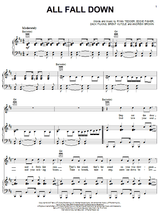 OneRepublic All Fall Down Sheet Music Notes & Chords for Piano, Vocal & Guitar (Right-Hand Melody) - Download or Print PDF