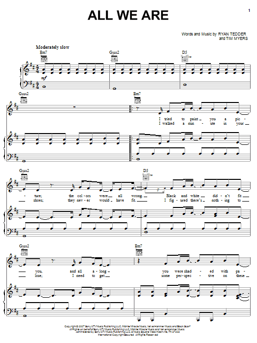 OneRepublic All We Are Sheet Music Notes & Chords for Piano, Vocal & Guitar (Right-Hand Melody) - Download or Print PDF