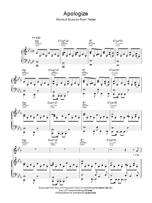 OneRepublic Apologize Sheet Music Notes & Chords for Lyrics & Piano Chords - Download or Print PDF